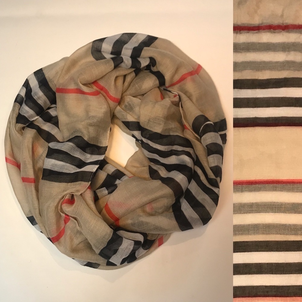 Women’s Striped Infinity Scarf in Tan, Black & Red
